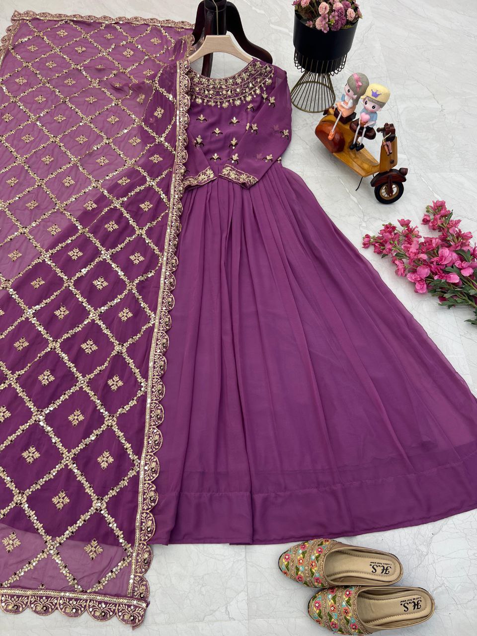 Faux Georgette Sequence Embroidery Work Gown Purple color