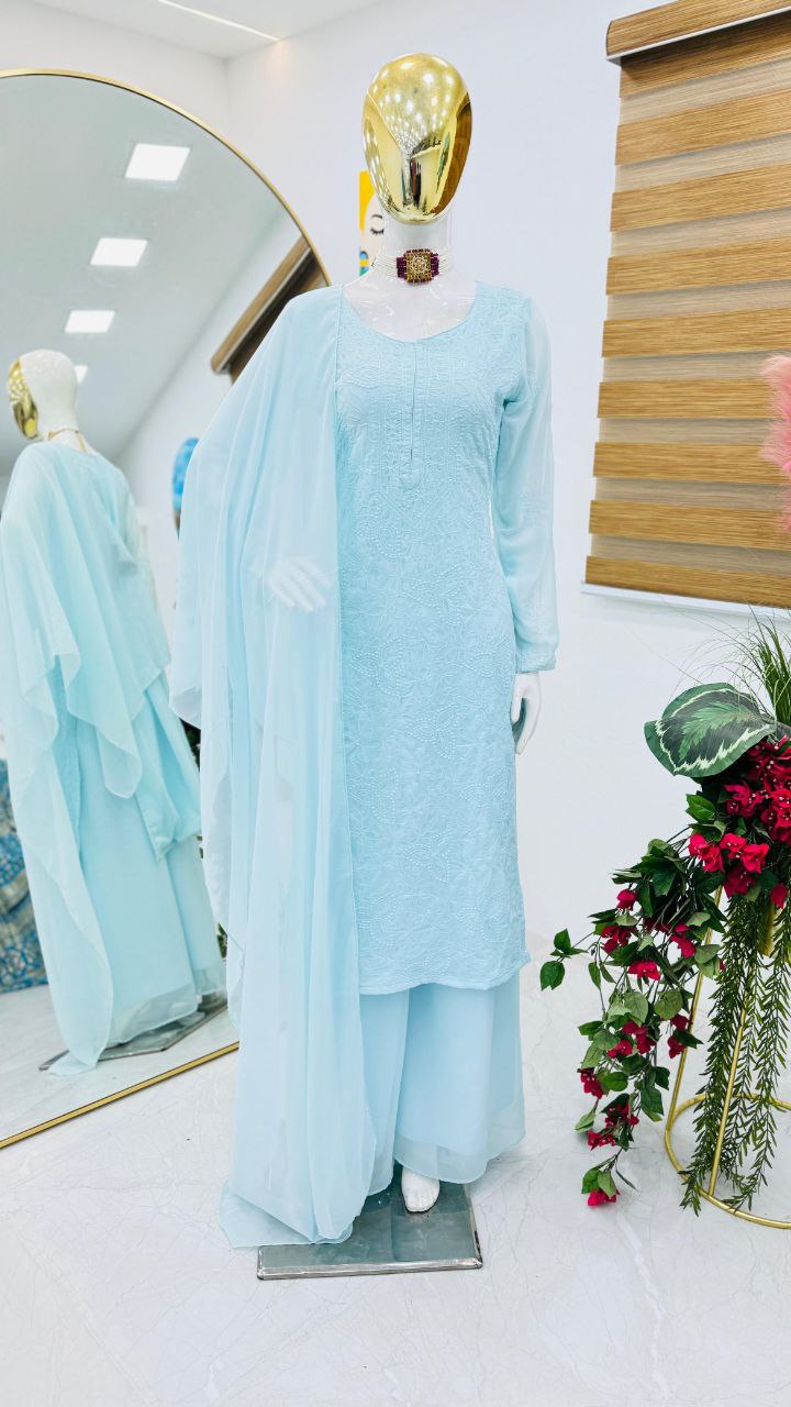 Faux Georgette With Sky Blue color