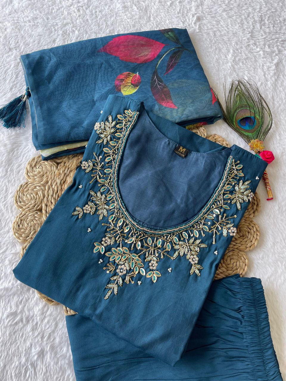 Roman Silk Sequence Hand Work Kurti Set