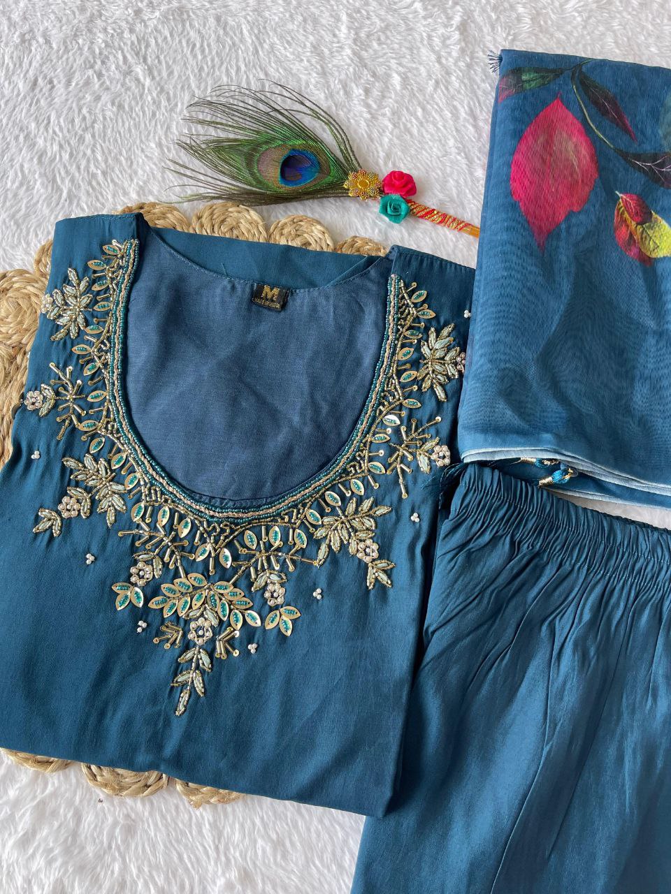 Roman Silk Sequence Hand Work Kurti Set Blue color