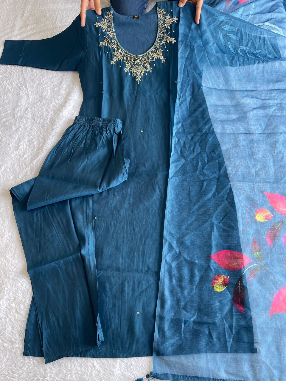 Roman Silk Sequence Hand Work Kurti Set Best Design in Blue color