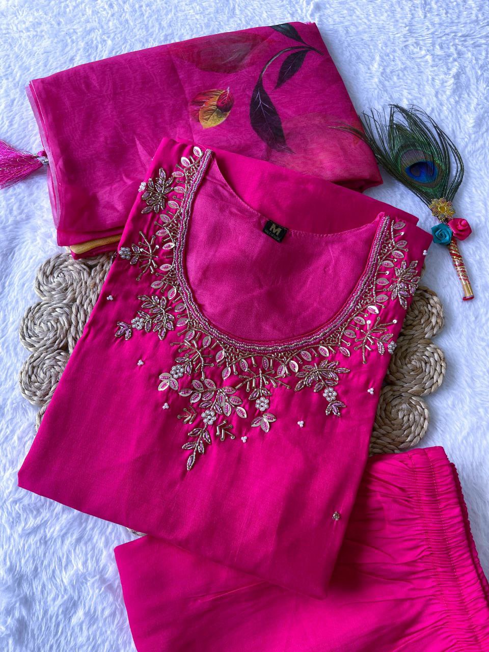 Roman Silk Sequence Hand Work Kurti Set Pink Color