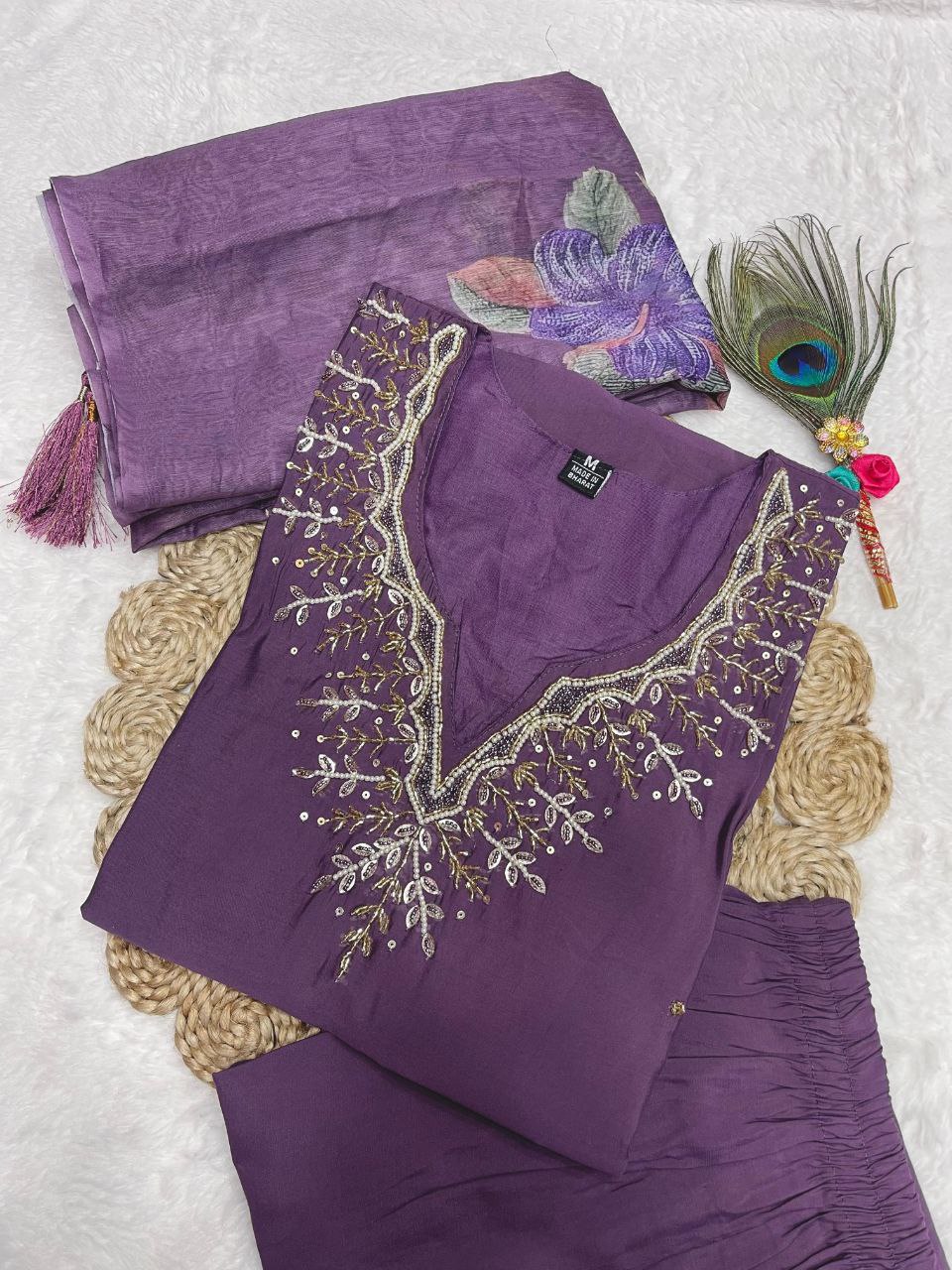 Beautiful Roman silk Hand work Kurti Set Purple color