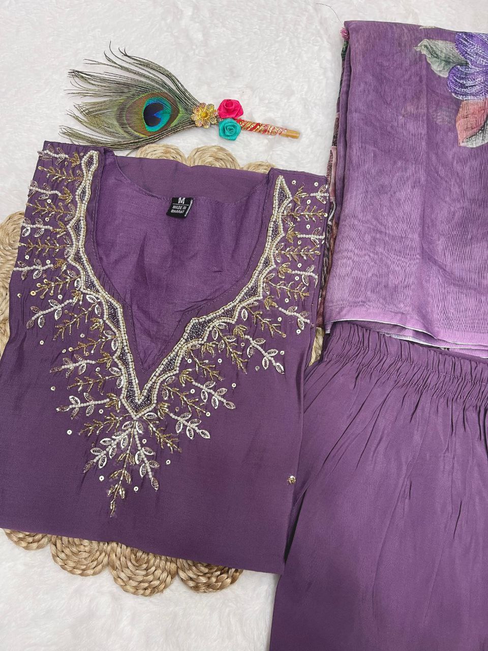 Beautiful Roman silk Hand work Kurti Set Best Collection in Purple