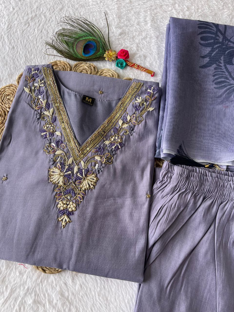 this ­­­­kurti product available in Fancy Premium Roman Silk fabric with purple color